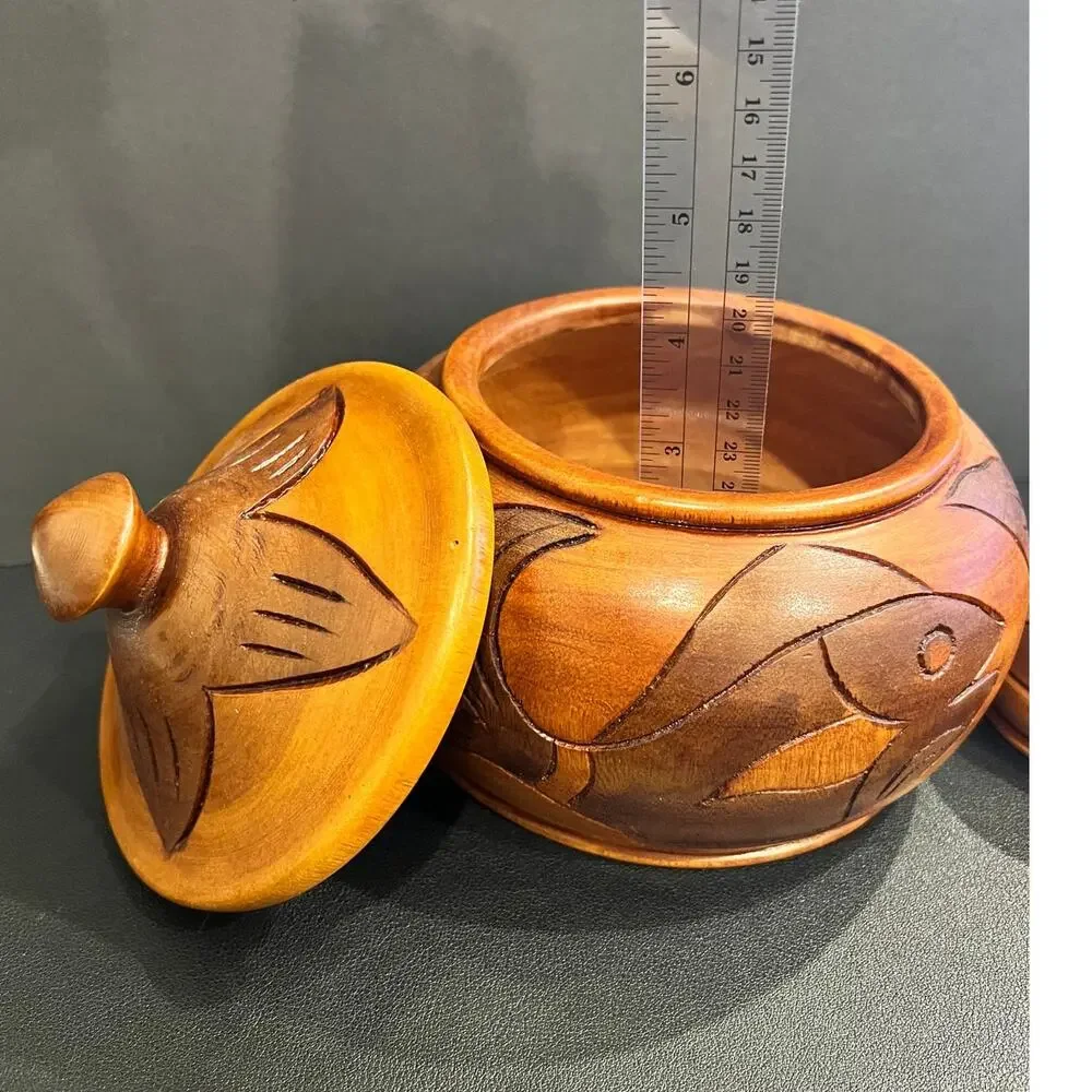 Haitian Hand-Carved Two Toned Monkey Pod Wood Lidded Bowls Vintage Folk Art Fish